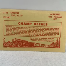 HO Champ Decals L-136 Express Red 3/32" Alphabet & Numeral  Set NIP