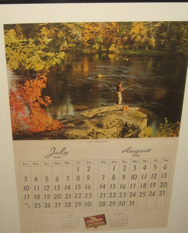 1949 Calendar Man Fishing, McKenzie River OR, Chevron Gas Station, Single Page