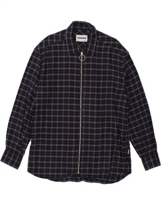 PASDEMER Herren Zip Grafik Flanell Hemd Large Navy Blau Kariert Baumwolle BX65