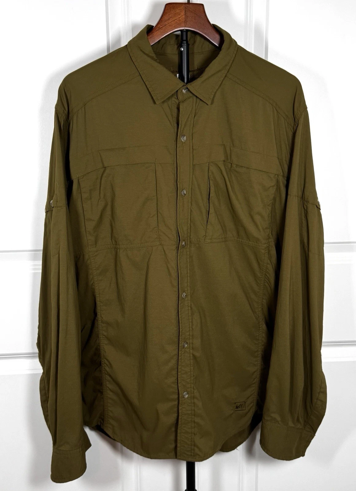 REI Co-Op Vented Hiking Shirt Brown Nylon Spandex Roll Tab Sleeve Travel XL