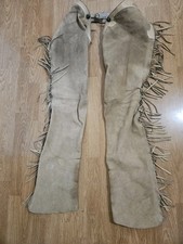 Vintage Shotgun Riding Chaps Tan Fringe Roughout Leather Western Cowboy