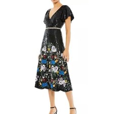 Mac Duggal Embellished Sequin Dress V Neck Flutter Sleeve 8 Black