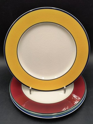 3 Pagnossin Treviso Spa Dinner Plates Red Yellow Aqua Crazing 10.5''