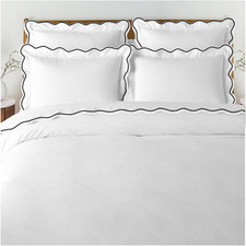 Black Scalloped Trim Duvet Cover Shams - 100 Cotton Sateen, Twin XL