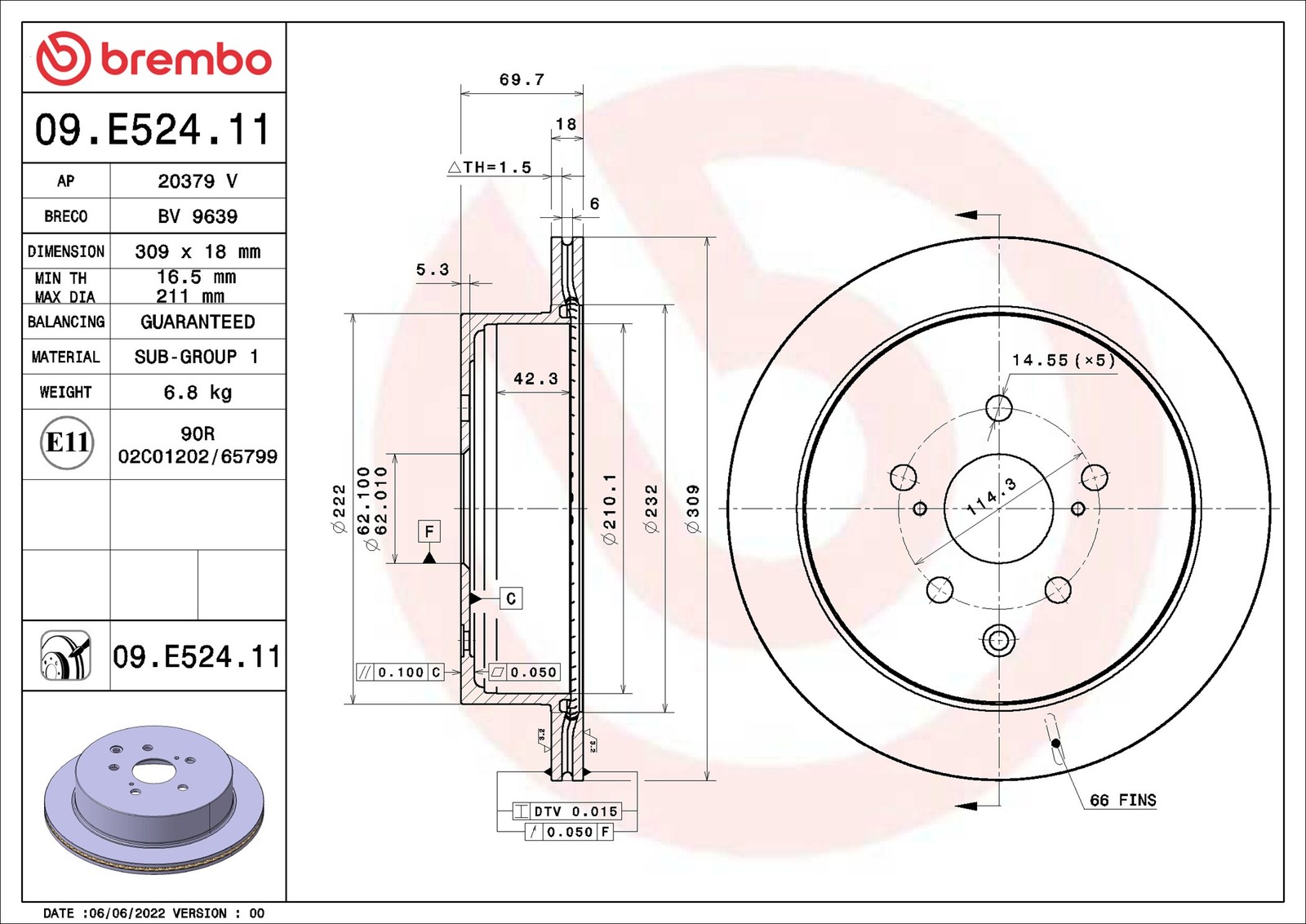 2x Bremsscheibe innenbelüftet 09.E524.11 BREMBO für LEXUS RX - Bild 5