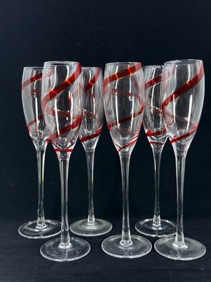 Pier 1 Imports RED Swirl Swirline Double Strand Champagne Flutes Set Of 6 Retro