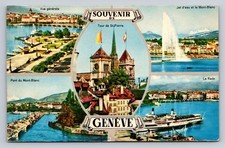 Vintage Souvenir Genève Switzerland Multi-View Postcard Jet d eau St-Pierre 1964