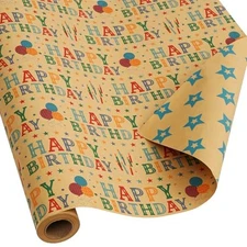 Kraft Birthday Wrapping Paper Roll 17.2" 33 ft Reversible for Gift Wrap Boys Gir