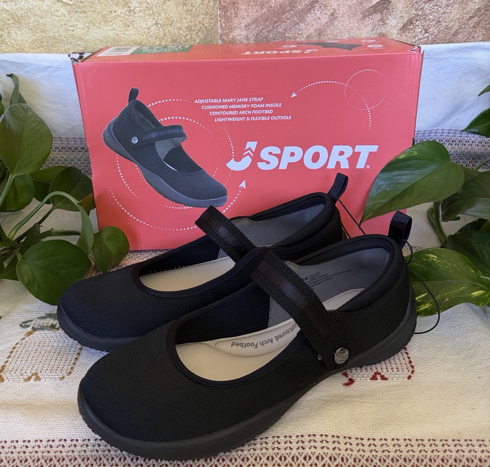 NEW JSport Mary Jane Melody Adjustable Cushioned Arch Walking Flats, Size 7.5