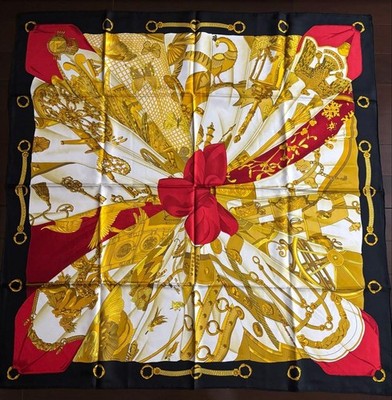 Hermes Carre 90 Soleil de Soie Silk Scarf Black Red Gold Excellent