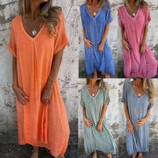 Women's V Neck Bohemian Dress Ladies Holiday Casual Baggy Dresses Plus Sizes