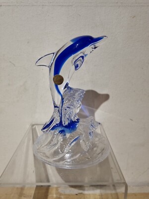 FRANZÖSISCHER BRIEFBESCHWERER CRISTAL D'ARQUES KLAR & BLAU WELLE SPRINGENDER DELFIN GLAS (B6)