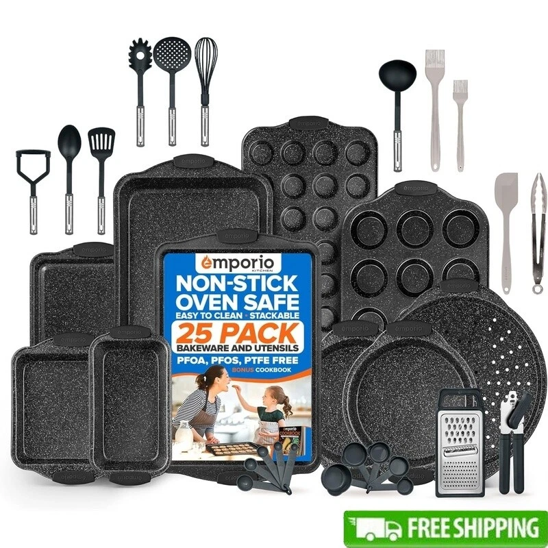 Nonstick Baking Pan Set 25 Pcs Carbon Steel Bakeware Silicone Handles Oven Safe