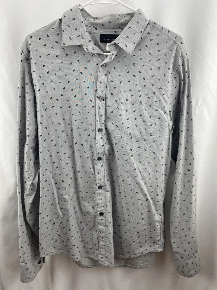 Мужская средняя структура Slim Fit длинным рукавом платье рубашка серый w синий цветы B - Изображение 2 из 4