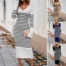 Women Striped Knitted Dress Long Sleeve V-neck Slim Midi Ribbed Bodycon New