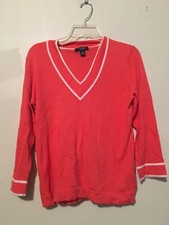 Chaps Size M Cotton Blend Melon V-Neck Cream Trim Sweater Women 