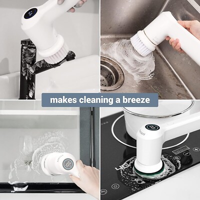 AIRSEE Electric Spin Scrubber - Cordless Power Scrub Brush With 6 Heads, 350 RPM, IPX7 Waterproof, For Bathroom & Kitchen
