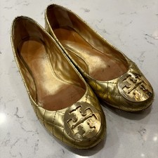 Tory Burch QUINN Quilted Patent Leather Ballet Flat Gold Logo Women's Shoes 8 M