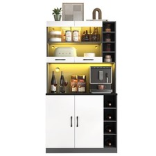 Tall Kitchen Highboard Cupboard Storage Cabinet, 4 Doors, LED Lights, Wine Rack