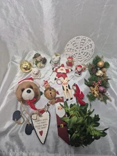 Vintage 16-pc Christmas Lot Assortment Ornaments, Faux Greenery, Mistletoe