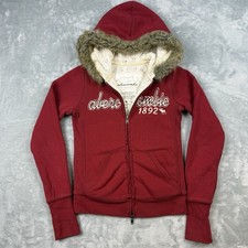 Y2K Abercrombie 1892 Fur Hood Zip Hoodie Women  s XL Red Cable Knit Lined