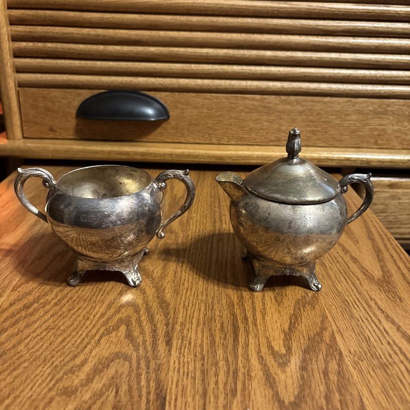Vintage Silver, Plated, Cream, And Sugar Set With Footed Base