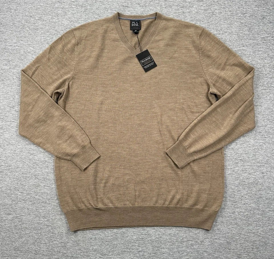 Jos. A. Bank Sweater Mens 2XLT Brown Traveler Merino Wool V-Neck Pullover NEW - Image 2 of 4