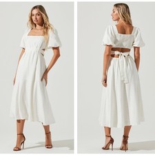 ASTR THE LABEL Angeles Puff Sleeve Cutout Linen Midi Dress White Sz L {3A40}