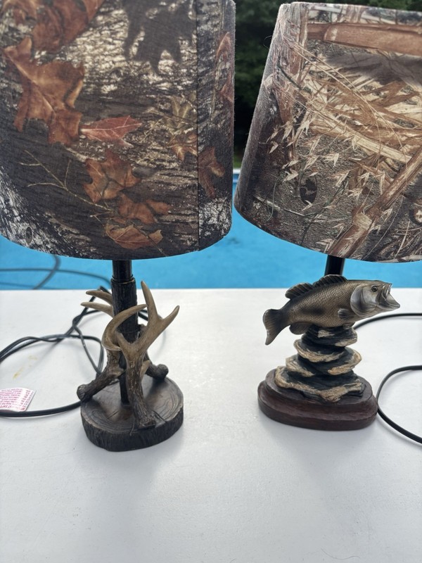 Set of 2 Table Lamps Camouflage Drum Shades / Antlers & Bass Perfect for Cabin