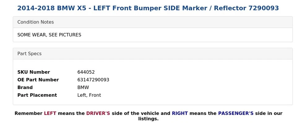 BMW X5 2014-2018 - Parachoques delantero izquierdo marcador lateral/reflector 7290093 Foto 4 de 4