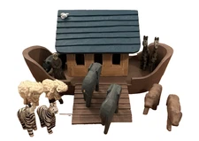 Hand-carved wooden Noah's Ark set folk art