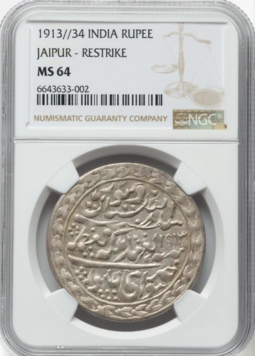 India 1913 34 Rupee Jaipur - Restrike NGC MS 64