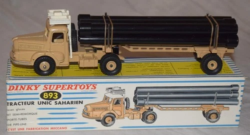 Vintage Dinky No. 893 Unic Saharien Truck and Trailer with Pipe Load in Box