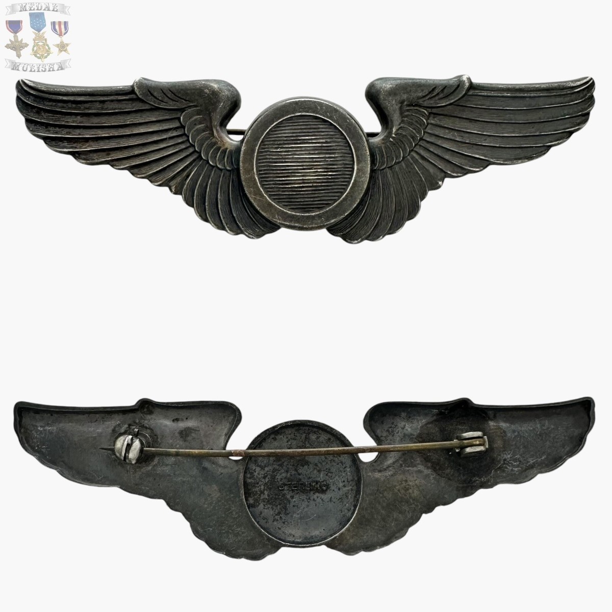 STERLING WWII U.S. ARMY AIR CORPS OBSERVER WINGS BADGE 3-1/8” SIZE