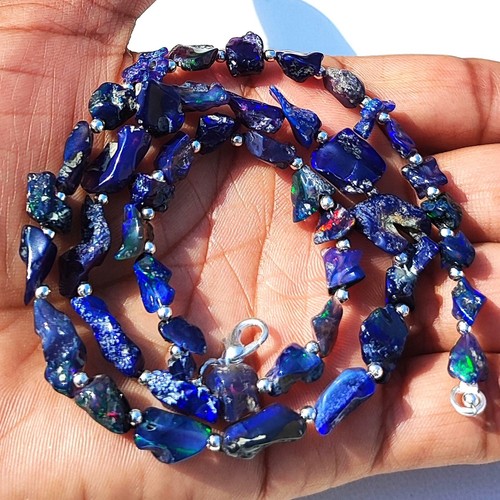 Ethiopian Welo Blue Fire Black Opal Gems 5-10 mm Size Nugget Beads Necklace 19"