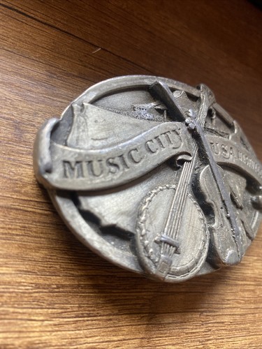 Vintage NASHVILLE MUSIC CITY USA metal Belt Buckle Pewter Banjo Fiddle Country - Picture 4 of 11