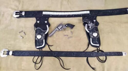 Western Dual Gun Holster Belt Premium Leather Revolver .22 .38/357 .44/45 Cal - Picture 3 of 3