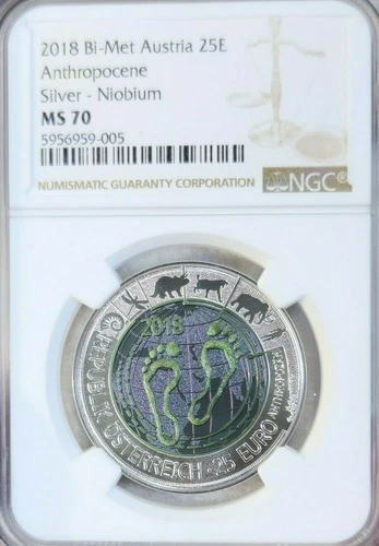 2018 AUSTRIA 25 EURO SILVER NIOBIUM ANTHROPOCENE NGC MS 70 SCARCE PERFECTION