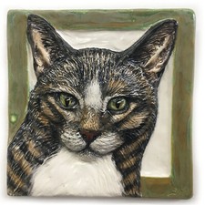 Shorthair Tabby Cat Ceramic portrait 3d tile Handmade Sondra Alexander Art
