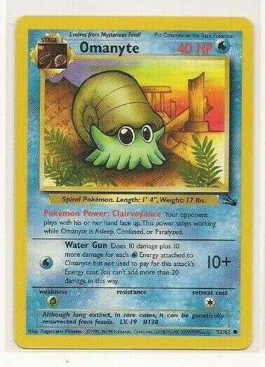 Pokemon Omanyte Unlimited Edition 52/62 Fossil near mint condition card