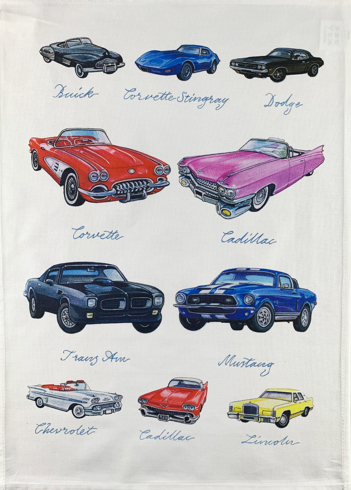 Great American Cars Tea Towel, Machine Washable, cotton, handdrawn