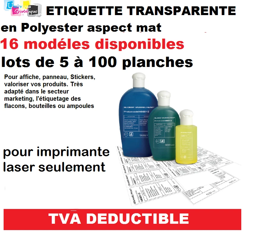 Étiquette transparente polyester mat 16 modèles pour imprimante laser seulement