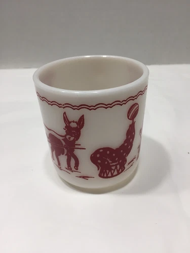Vtg 60s White Milk Glass Red Detail Hazel Atlas Childs Cup Mug Circus