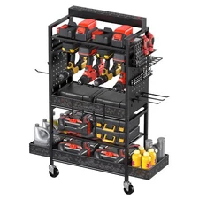 Garage Power Tools Organizer Cart With Charging Station Black Floor Standing Rol