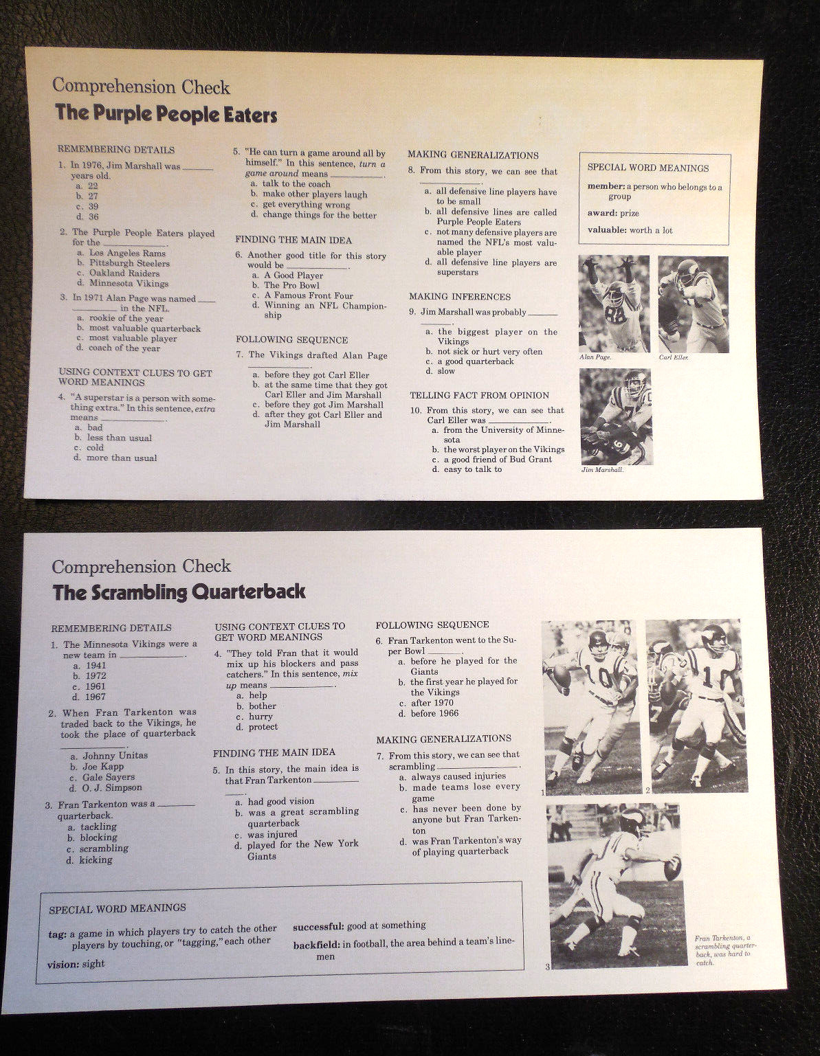 1977 Minnesota Vikings 2 RARE Bowmar cards Fran Tarkenton Purple People  8x14"