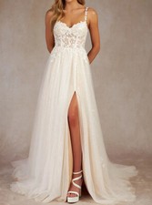 Spaghetti Straps Sweetheart Lace Applique Brial Grown Side Slit Wedding Dresses