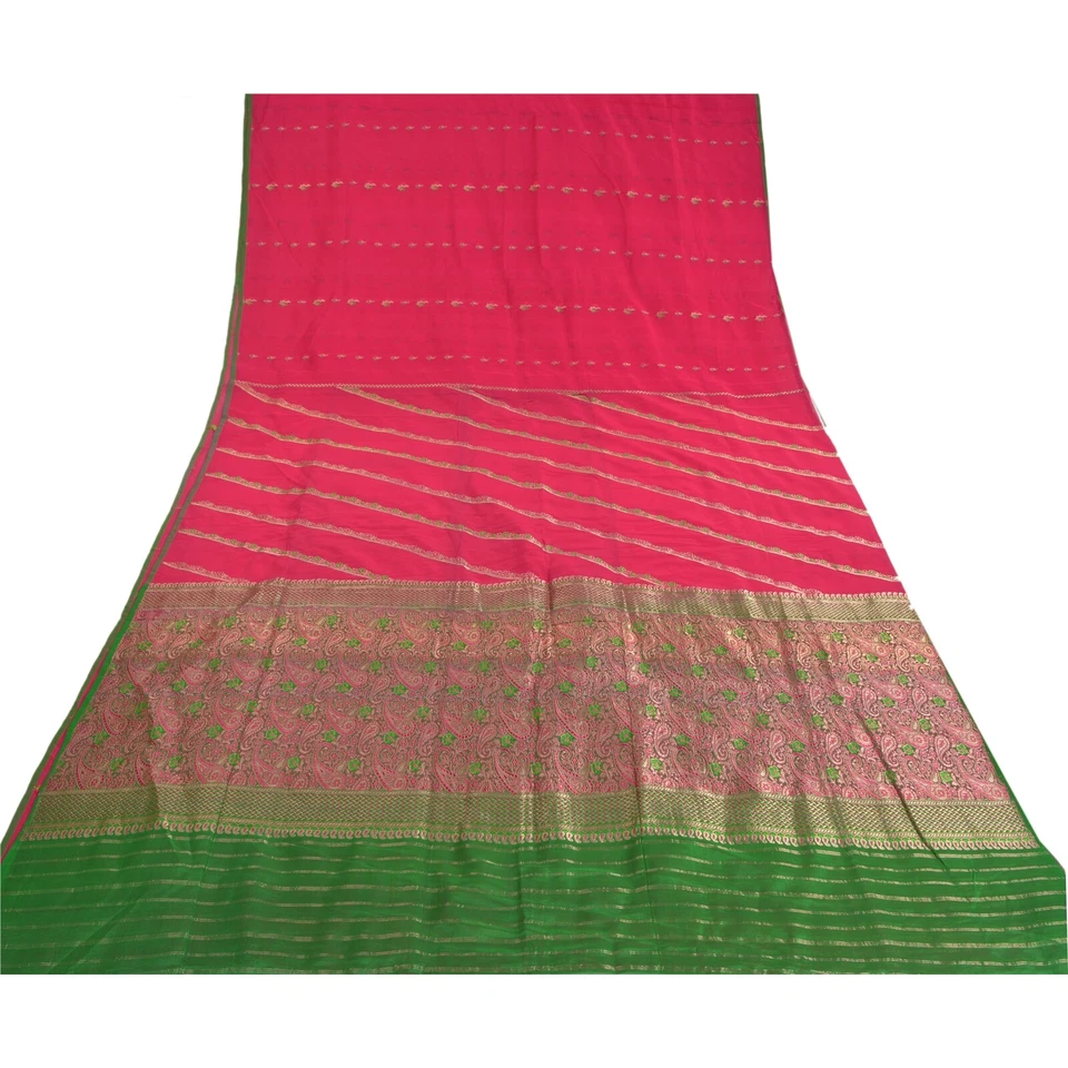 Saris rosados vintage de seda pura tejida brocado/tela de sari Banarasi Zari Sanskriti Foto 2 de 4