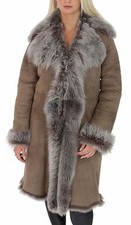 Ladies Sheepskin Coat 3/4 Length Long Toscana Shearling Suede Finish Taupe