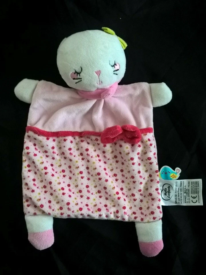 doudou plat chat rose blanc mots d enfants noeud oiseau noeud - Photo 1/1