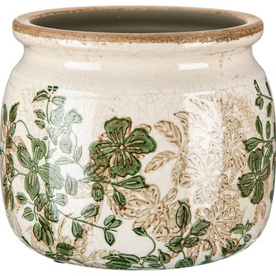 Vintage Planter Large Ceramic Plants Pot Beige Green Leaves Ice Crack Farmhou...